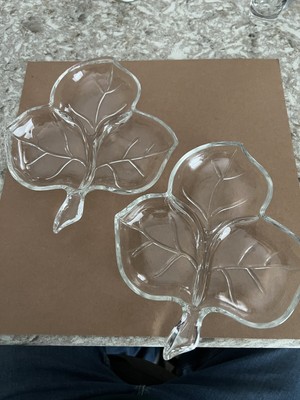 (2) Leaf Shaped Glass 3-Section Snack Relish Dishes Vintage 1950s Hazel Atlas-image