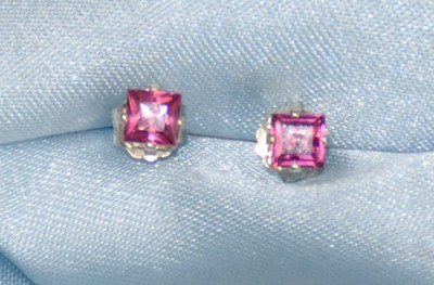 4.0MM SQUARE RASPBERRY PINK AFRICA RHODOLITE GARNET .925 STERLING STUDS -image