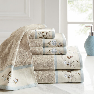 Madison Park Serene Embroidered Jacquard 6 Pieces Towel Set Elegant 100% Cotton-image
