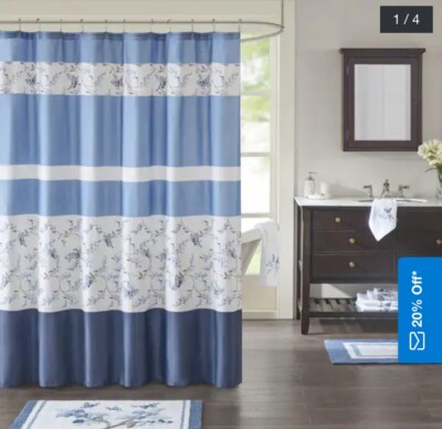 Madison Park Callia Blue Cotton Sateen Printed Shower Curtain 72” x 72”-image