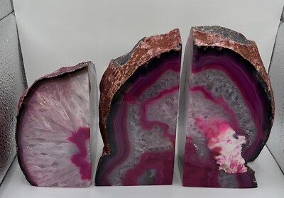 Set/3 POTTERY BARN Pink Agate Bookends Decorative Made in Brazil Heavy-image