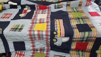 Pottery Barn Kids Cars Trucks Block Pattern Reversable Plaid Quilt Queen/Full-image