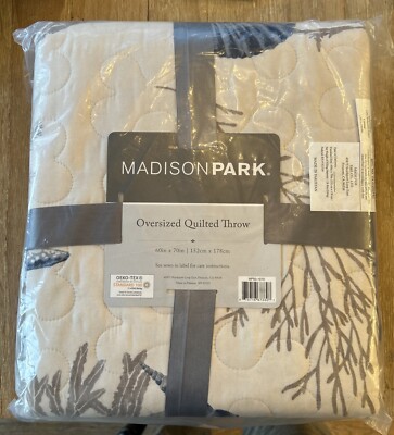 Madison Park Oversized Quilted Throw Blanket 60 x 70 Cream Blue Seashell Coastal-image