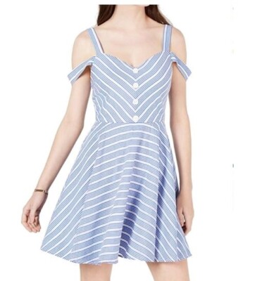 City Studio Junior Womens 9 Blue White Striped Cold Shoulder Daytime Dress NWT-image