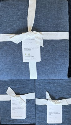 Pottery Barn Belgian Flax Linen F/Q  Duvet & 2 Knife Edge Euro Shams In Denim-image