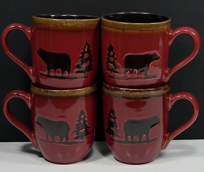4 Bear and Tree Mugs Woodland Home Studio Collection Rustic Red Brown Coffee Cup-image