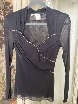 Max Studio black nylon overlay top sweetheart neck long sleeves Sheer SZ M Mint-image