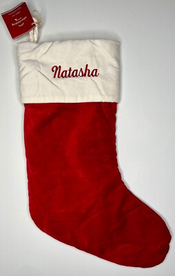 POTTERY BARN CLASSIC VELVET CHRISTMAS STOCKING *NATASHA* RED IVORY NEW MEDIUM-image