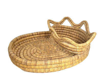 VTG Coil Chip & Dip Bread Basket Grass Hand Woven Natural Wicker Boho TIKI-image