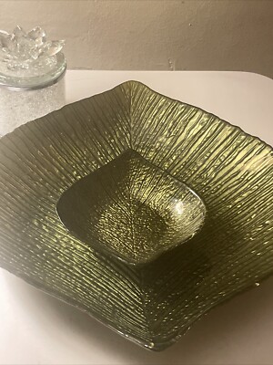 Princess House Large Leaf Platter & Small Bowl Green Glass Chip Dip Set BEAUTIFU-image