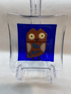 RARE Vintage Fused Glass Owl Trinket Tray Dish 5 1/8” X 5 1/8” Studio Art Glass-image