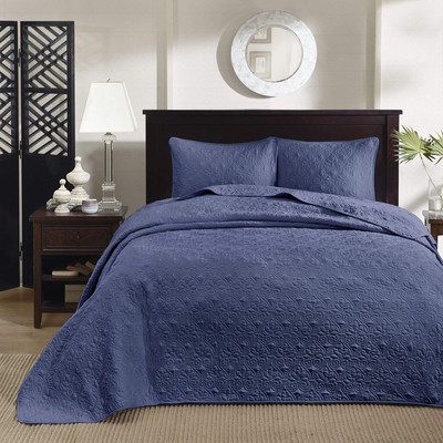 Quebec Queen Size Quilt Bedding Set - Navy , Damask – 3 Piece Bedding Quilt Cove-image