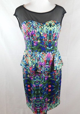En Focus Studio Dress Sz 12 Floral Fitted Polyester Sweetheart Black Mesh Tea-image