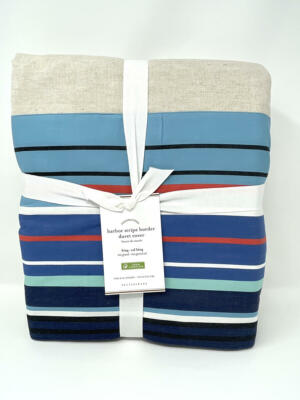 Pottery Barn Harbor Duvet Stripe Border Linen Cotton Duvet Cover~KING Blue Navy-image
