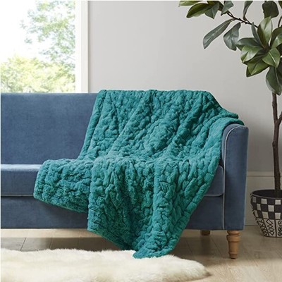 Madison Park Ruched Faux Fur Luxury Throw Teal 50*60 Premium Soft Cozy Brushe...-image