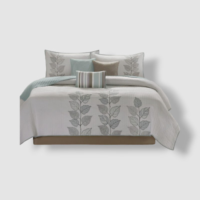 Madison Park Blue Caelie Floral Quilted 6-Piece Coverlet Set, Full/Queen Size-image