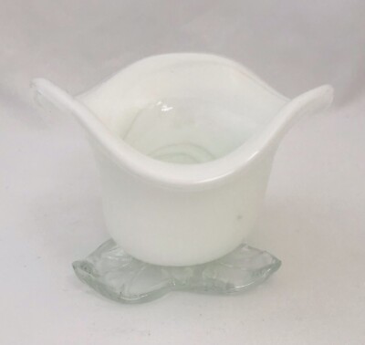 Hand Blown Studio Art Glass White Tulip w/ leaf base, Votive or Trinket Dish-image