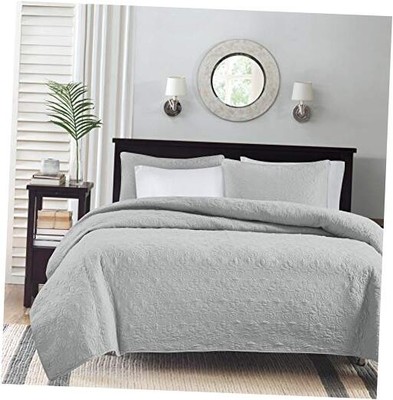  Quebec Quilt Set - Luxurious Damask Stitching Design, King/Cal King Grey-image