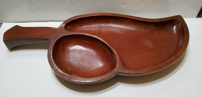 Vintage Large Dark Wood Hand Made Leaf Shaped Chip & Dip Bowl Charcuterie Board-image