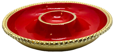 Vintage Chip and Dip Bowl Red Enamel Gold Beaded Edge Large Metal Unbranded-image