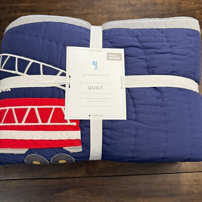 POTTERY BARN KIDS BUSY TRUCKS QUILT FULL/QUEEN ~ BLUE-image