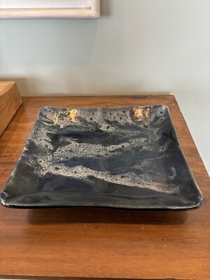 Signed Studio Pottery Blue Footed Platter Tray 11 x 11.5 inches-image