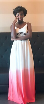 Maxi Dress White Pink ENTRO Dip-Dye Crochet Full Length-image