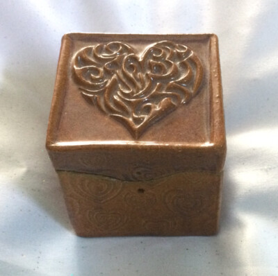 Trinket Box w/ Lid Clay Pottery Embossed Heart Design Signed Studio Piece-image