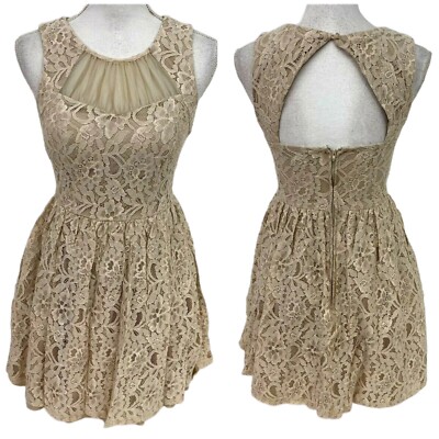 City Studio Dress Womens Size 5 Lace Tan Sweetheart Crew Peek a Boo Back-image
