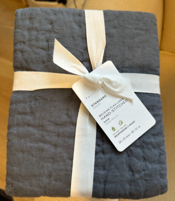 NEW Pottery Barn Belgian Flax Linen Hand Stitched Standard Sham Steel Blue-image