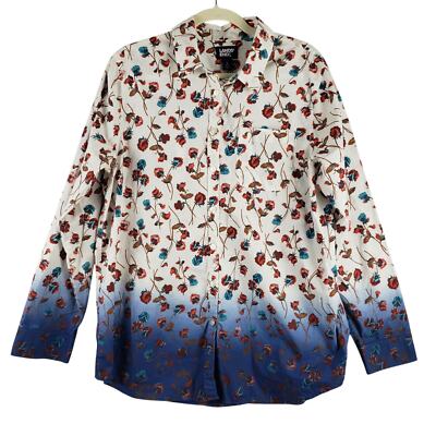 Land's End Size L Long Sleeve Floral Button Up Blue Dip Dye Cottagecore Cotton-image