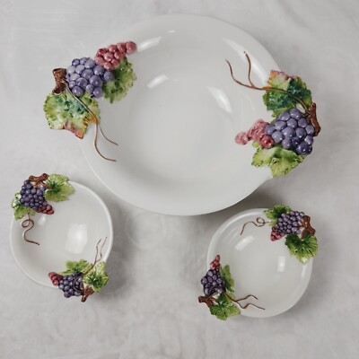 Large White Bowl With Grapes And Leafs And 2 Small Salsa/Dip Bowls-image