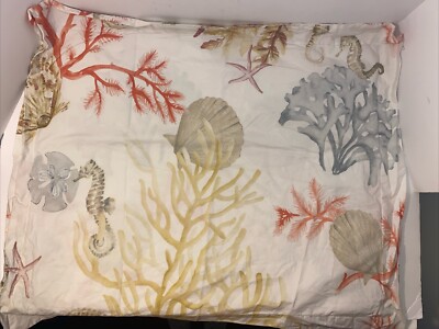 Pottery Barn Atlantic Full Queen Duvet 100% Cotton 2 Shams Beachy Coral Seashell-image