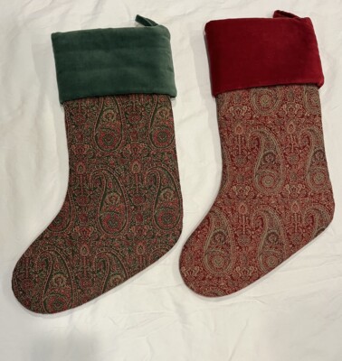 2 Pottery Barn Christmas Stockings  Paisley Tapestry Velvet Cuff Red & Green-image
