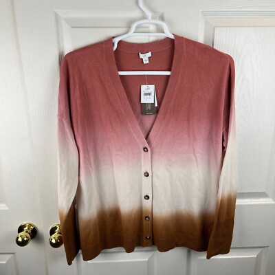 New NWT Women's J.Jill Dip Dyed Ombre Cardigan Sweater Sunset Large L Pink Brown-image