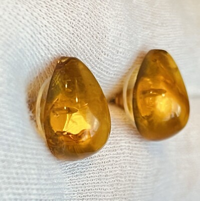 MCM Earrings Baltic Honey Amber Studs Teardrop Retro Coastal Bohemian VTG 1970s-image