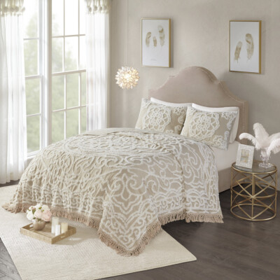 Tufted Cotton Chenille Medallion Fringe Coverlet Mini Set Taupe Full/Queen-image