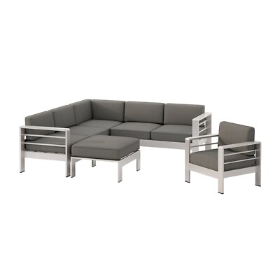 Emily Coral Outdoor Aluminum 6-Seater V-Shaped Sectional Sofa Set with Ottoman-image