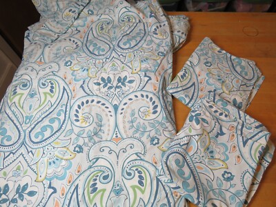 Pottery Barn Paisley King Duvet Cover 2 King Shams Cotton Blue Green Vtg Pattern-image