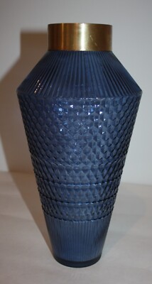 Madison Park Camden Textured Blue Glass Vase Gold Metal Rim 7