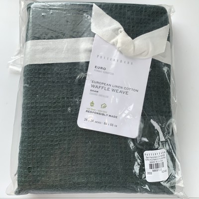 POTTERY BARN European Linen Cotton Waffle Weave Pine Green Euro Sham 26x26