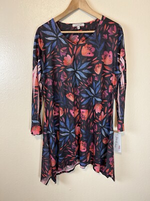 Jess & Jane L Floral Tunic Top Blouse Embellished Rhinestone Palettes Dipped Hem-image