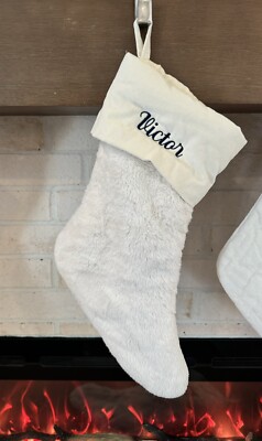 Pottery Barn IVORY Faux Fur Christmas Stocking Monogram “Victor”-image