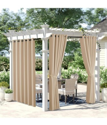 New Outdoor Curtain Beige Waterproof Privacy Screen Wind-Break Drapes for Patio-image