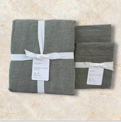 New Pottery Barn BELGIAN FLAX LINEN Duvet Full Queen & Two Standard Shams Loden-image