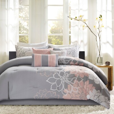 Printed Cotton Sateen Comforter Set Grey/Peach Queen-image