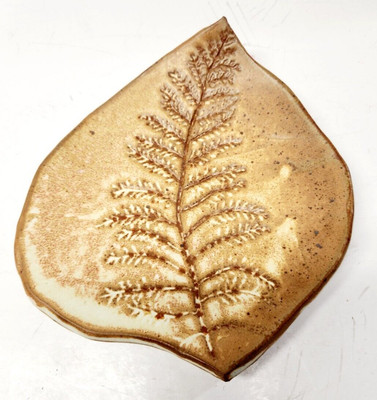 Handcrafted Studio Pottery Leaf Shaped Plate Dish w Fern Imprint Signed 6.5 X 6-image