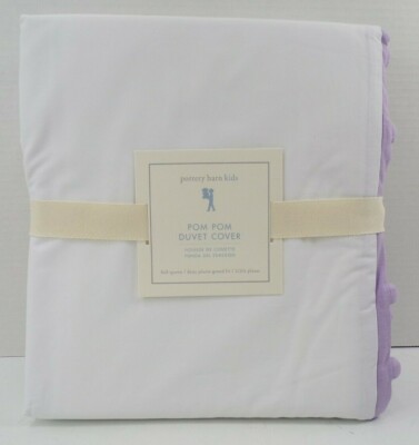 Pottery Barn Kids Pom Pom Duvet Cover White Purple Full Queen #9859-image