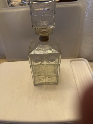 Vintage Clear Square Cube Shaped Decanter Whiskey Bottle Barware 1960s 10”-image