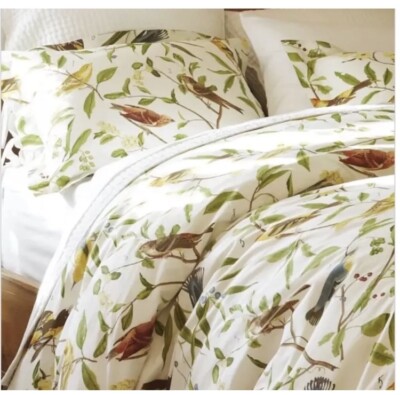 POTTERY BARN Spring Sparrow Birds Botanical Queen Duvet + 2 Standard Shams-image